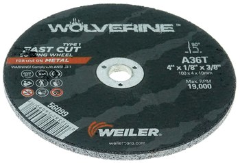 Weiler Wolverine Cutoff Wheel 56099 - Type 1 - Straight Wheel - 4 in - Aluminum Oxide - 36 - T