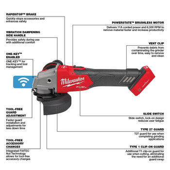 Milwaukee M18 FUEL M18 REDLITHIUM Battery Braking Grinder - 5 in Diameter - 2883-20