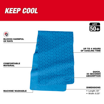 Milwaukee Blue PVA Cooling Towel - 8.25 in Width - 33 in Height - 045242-73968