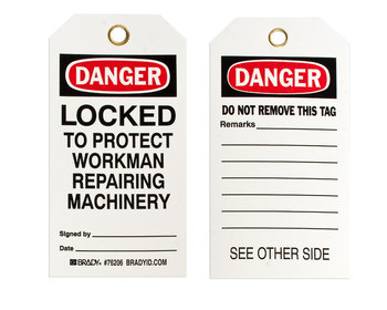Picture of Brady Black / Red on White Metal Grommet, Self-Laminating Polyester 76206 Equipment Safety Tag (Main product image)