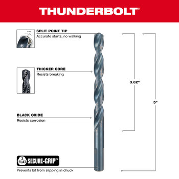Milwaukee Thunderbolt 3/8 in Drill Bit 48-89-2730 - Right Hand Cut - Split 135° Point - Black Oxide Finish