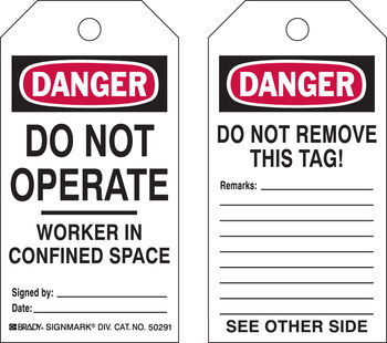 Picture of Brady Black / Red on White Laminated Polyester / Paper Worker in Confined Space 50291 Confined Space Tag (Main product image)