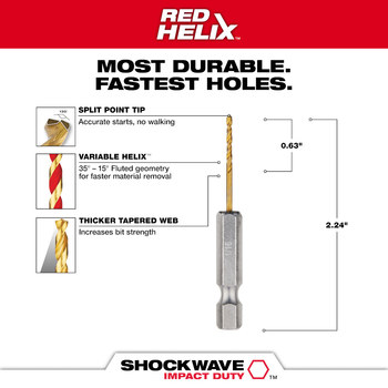 Milwaukee SHOCKWAVE 1/16 in Drill Bit 48-89-4601 - 2.25 in Overall Length - 0.62 in Flute - Titanium Coated - Hex Shank