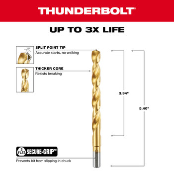 Milwaukee Thunderbolt 27/64 in Drill Bit 48-89-2224 - Right Hand Cut - Split 135° Point - Titanium Nitride Finish - 5.375 in Overall Length - 3.9375 in Flute - Titanium Coated