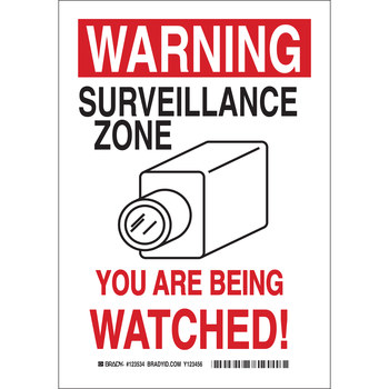 Picture of Brady B-401 High Impact Polystyrene Rectangle White English Surveillance Sign part number 123533 (Main product image)