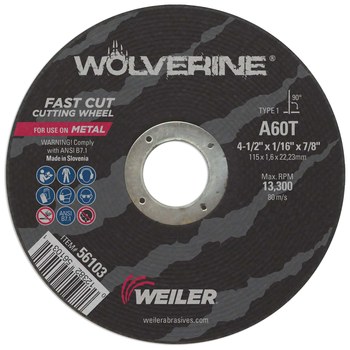 Weiler Wolverine Cutoff Wheel 56103 - Type 1 - Straight Wheel - 4-1/2 in - Aluminum Oxide - 60 - T