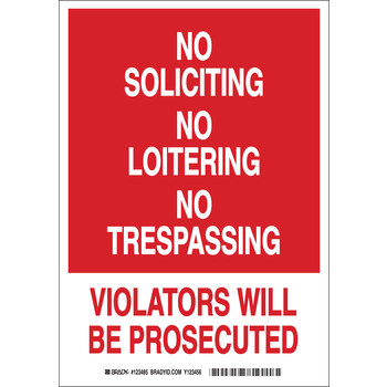 Picture of Brady B-555 Aluminum Rectangle White English Loitering, Soliciting, & Trespassing Sign part number 123483 (Main product image)