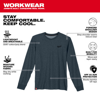 Milwaukee Long Sleeve Work Tee Hybrid 604BL-L - Size Large - Blue - 75290