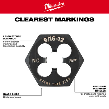 Milwaukee UNC 3/4-10 Hex Die 49-57-5376 - Right Hand Cut - 1 7/16 in Diameter - High Carbon Steel