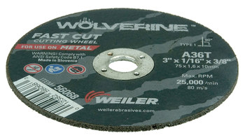 Weiler Wolverine Cutoff Wheel 56068 - Type 1 - Straight Wheel - 3 in - Aluminum Oxide - 36 - T