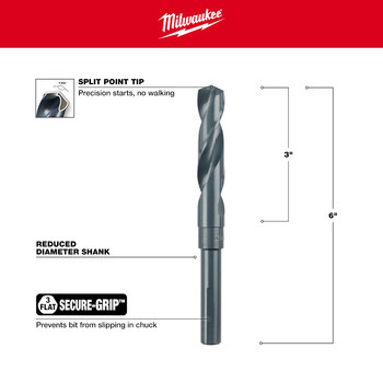 Milwaukee 21/32 in S&D Drill Bit 48-89-2743 - Right Hand Cut - Split 135° Point - 6 in Overall Length - 4 in Twist Flute - Black Oxide