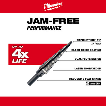 Milwaukee 1/8 - 1/2 in Step Drill Bit 48-89-9201 - 3.112 in Overall Length - 1/2 in Flute - Black Oxide