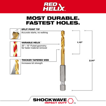 Milwaukee SHOCKWAVE 11/64 in Drill Bit 48-89-4608 - 2.91 in Overall Length - 1.09 in Flute - Titanium Coated - Hex Shank
