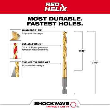 Milwaukee SHOCKWAVE 15/64 in Drill Bit 48-89-4612 - 4.13 in Overall Length - 2.34 in Flute - Titanium Coated - Hex Shank