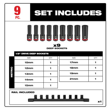 Milwaukee SHOCKWAVE Impact Duty 49-66-7032 Impact Socket Set - Forged Steel - 1/2 in 6 point Drive - Deep Length - 78412