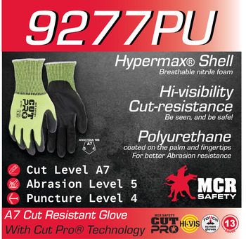 MCR Safety CutPro HyperMax Hi-Vis Lime Small Cut-Resistant Gloves - A7 Cut Resistance - HPPE Palm & Fingertips Coating - Not Insulated Insulation - Smooth Finish - 9277PUS
