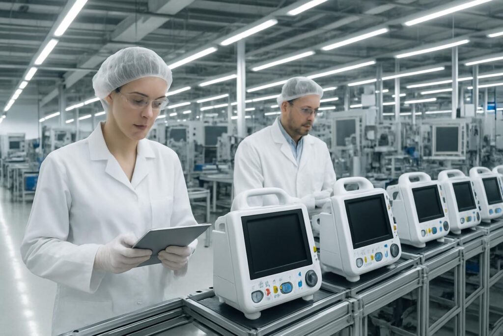 Two technicians wearing cleanroom protective clothing inspect patient monitoring devices on a manufacturing line using a tablet and quality control procedures.