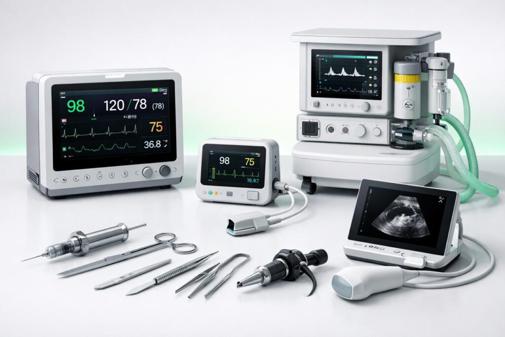 Assortment of medical monitoring devices, an anesthesia machine, a portable ultrasound unit, and surgical instruments on a white background