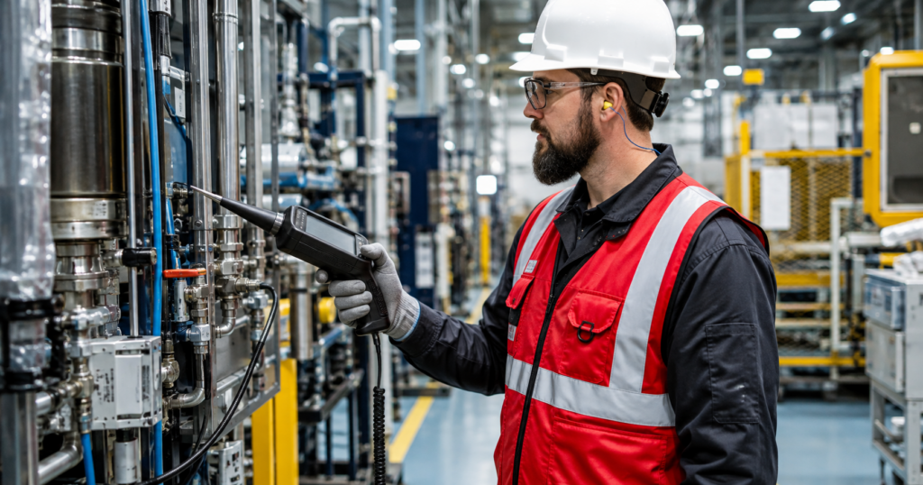 Industrial worker surveying for air leaks at a plant.