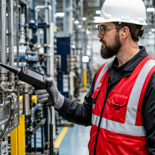 Industrial worker surveying for air leaks at a plant.