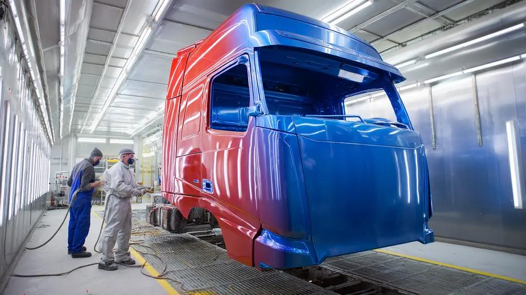 A truck cab being prepped and painted in a paint bay